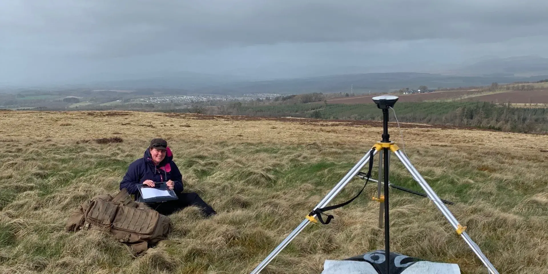Liz Poulsom working on ground control point survey at Drumbrae
