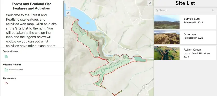 A screenshot with text on the left and a list with images on the right of the screen, with a map in the centre of the screen.