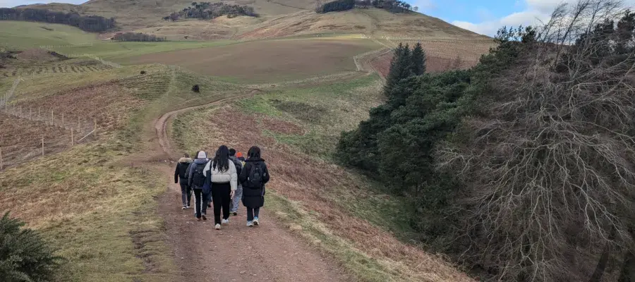 Group of people walking on a path towards a hill, with trees planted to the left of the path.