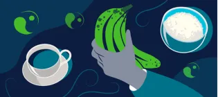 Fair trade announcement illustration - coffee, bananas, rice