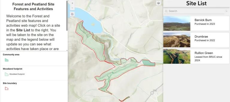 A screenshot with text on the left and a list with images on the right of the screen, with a map in the centre of the screen.