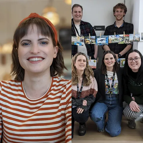 Changemaker Award 2023 - Izi Robe headshot, left, group photo with collage cards, right