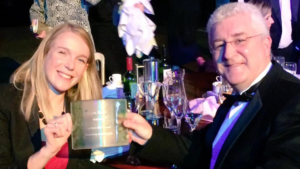 Team members from the Department for Social Responsibility and Sustainability collect the University's Green Gown award for Sustainable laboratories.