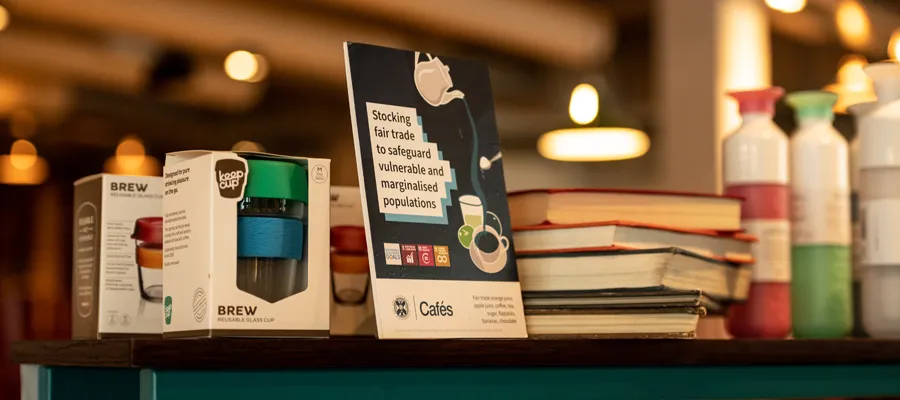 Fair trade sign in cafe