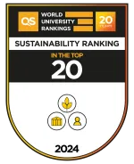 Badge graphic, reading: QS World University Rankings 20 years. Sustainability ranking in the top 20, 2024