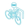 Sustainable events travel - bike against bike racks and bus stop sign