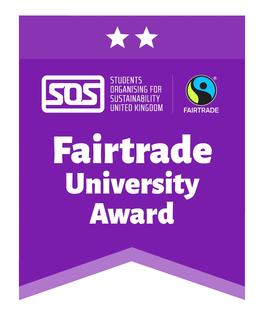 Fairtrade University Award - two stars, SOS logo, Fairtrade logo, NUS logo