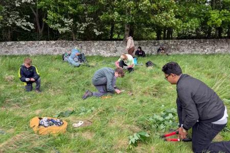 People doing various tasks with tools in a grassy area.
