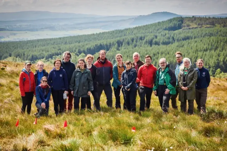  PhD student, supervisory team, and the Forest and Peatland Programme team, at Barvick Burn, Forest and Peatland Programme site    