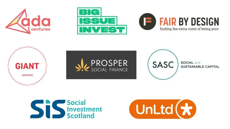 Logos of: Ada Ventures, Big Issue Invest, Fair By Design, Giant Ventures, Prosper Social Finance, Social and Sustainable Capital, Social Investment Scotland, UnLtd