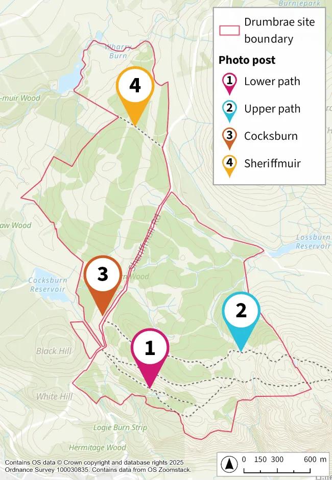 Drumbrae photo post map. Key: red line is site boundary, numbers indicate post and location number