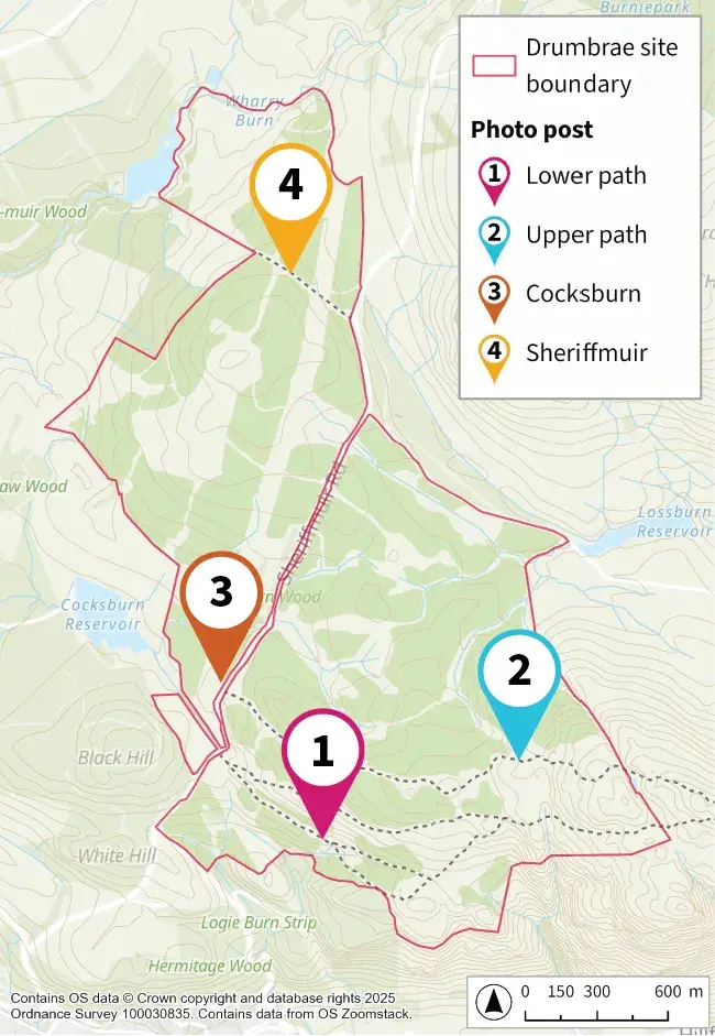 Drumbrae photo post map. Key: red line is site boundary, numbers indicate post and location number