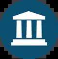 Teal circle with white icon of institution in the middle