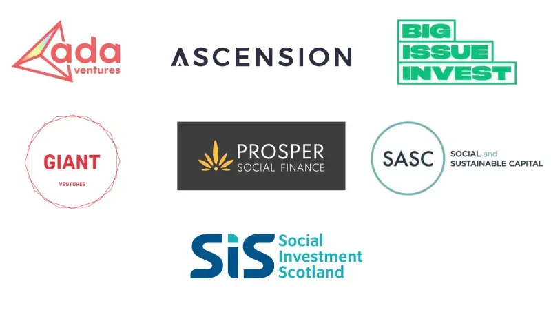 logos of the following organisations: Ada Ventures, Big Issue Invest, Ascension VC, Giant Ventures, Prosper Social Finance, Social and Sustainable Capital, Social Investment Scotland