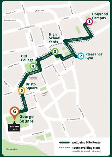 A map showing the route of the wellbeing mile from Holyrood Campus to George Square Gardens