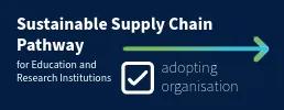 blue background with colourful arrow pointing right to left, with text "sustainable supply chain pathway or education and research, adopting organisation"