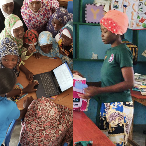 Changemaker Award 2023 - Seiba Abdul Rahman - Founder Seiba in the library, left, ignite girls learning MS word, right