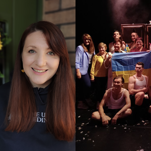 Changemaker Award 2023 - Inga Ackerman headshot, left, Freedom Ballet with Ukrainian flag, right