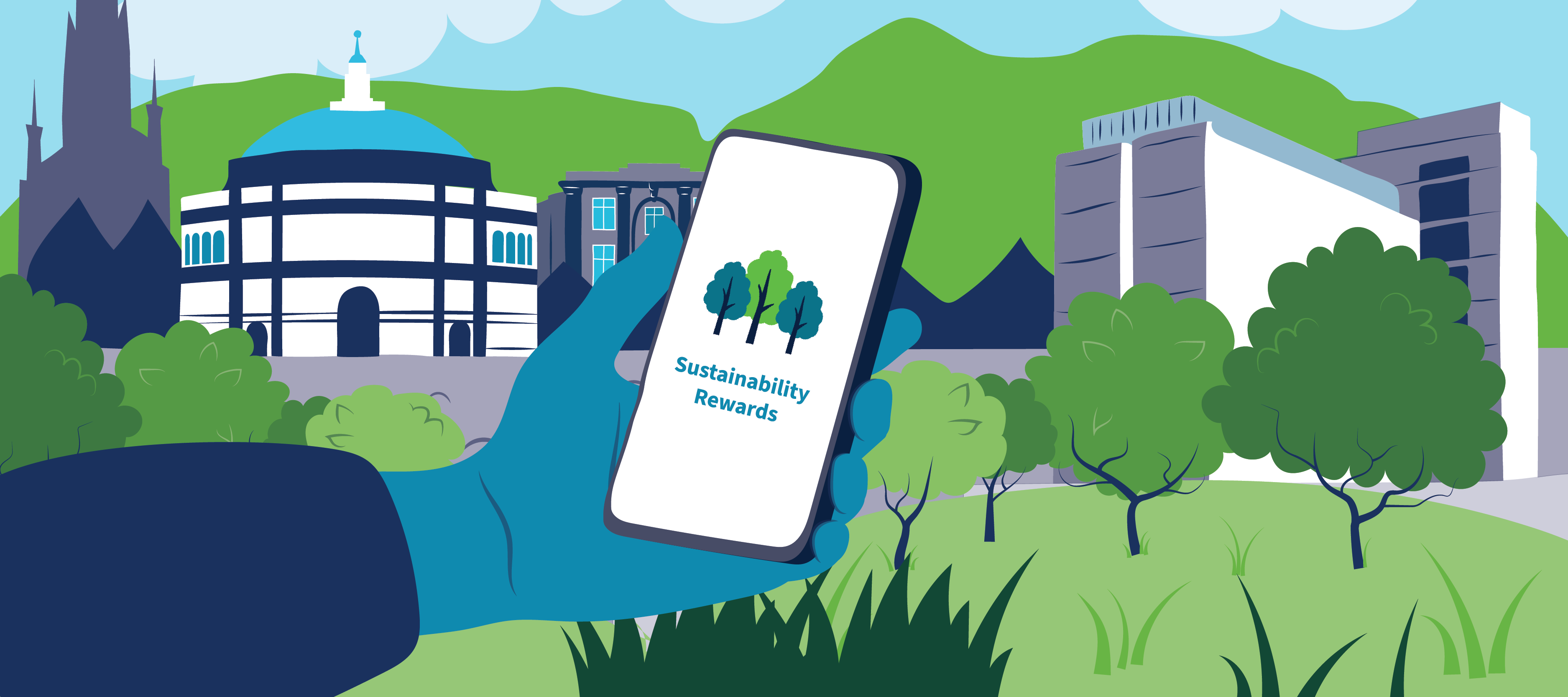 Sustainability rewards app - illustration of hand holding phone, with Edinburgh University buildings in the background. Bright.