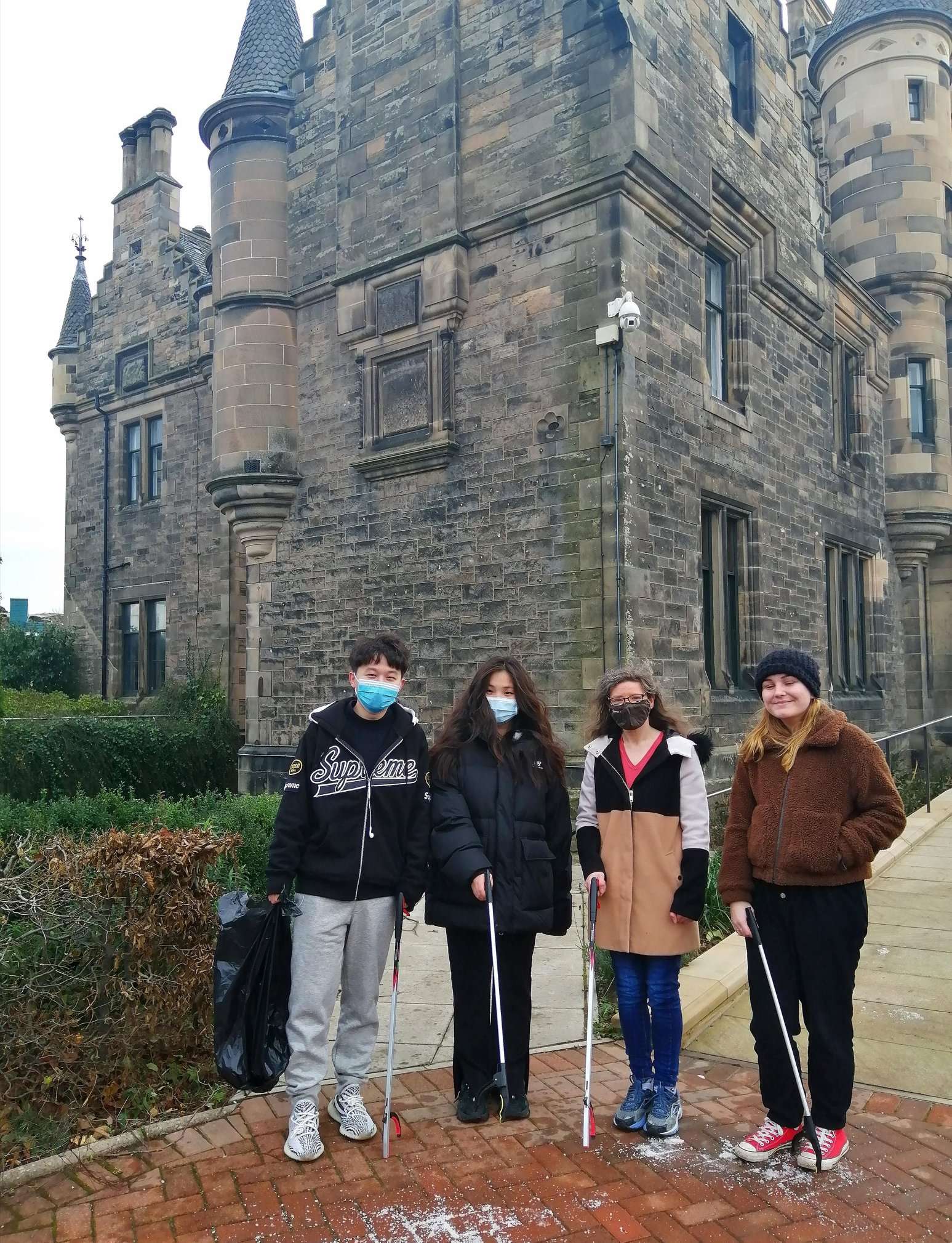 Volunteers and Hedgehog Champions, Gary, Sherry, Frances and Beth, braved the cold at Pollock Halls to collect two bin bags of l