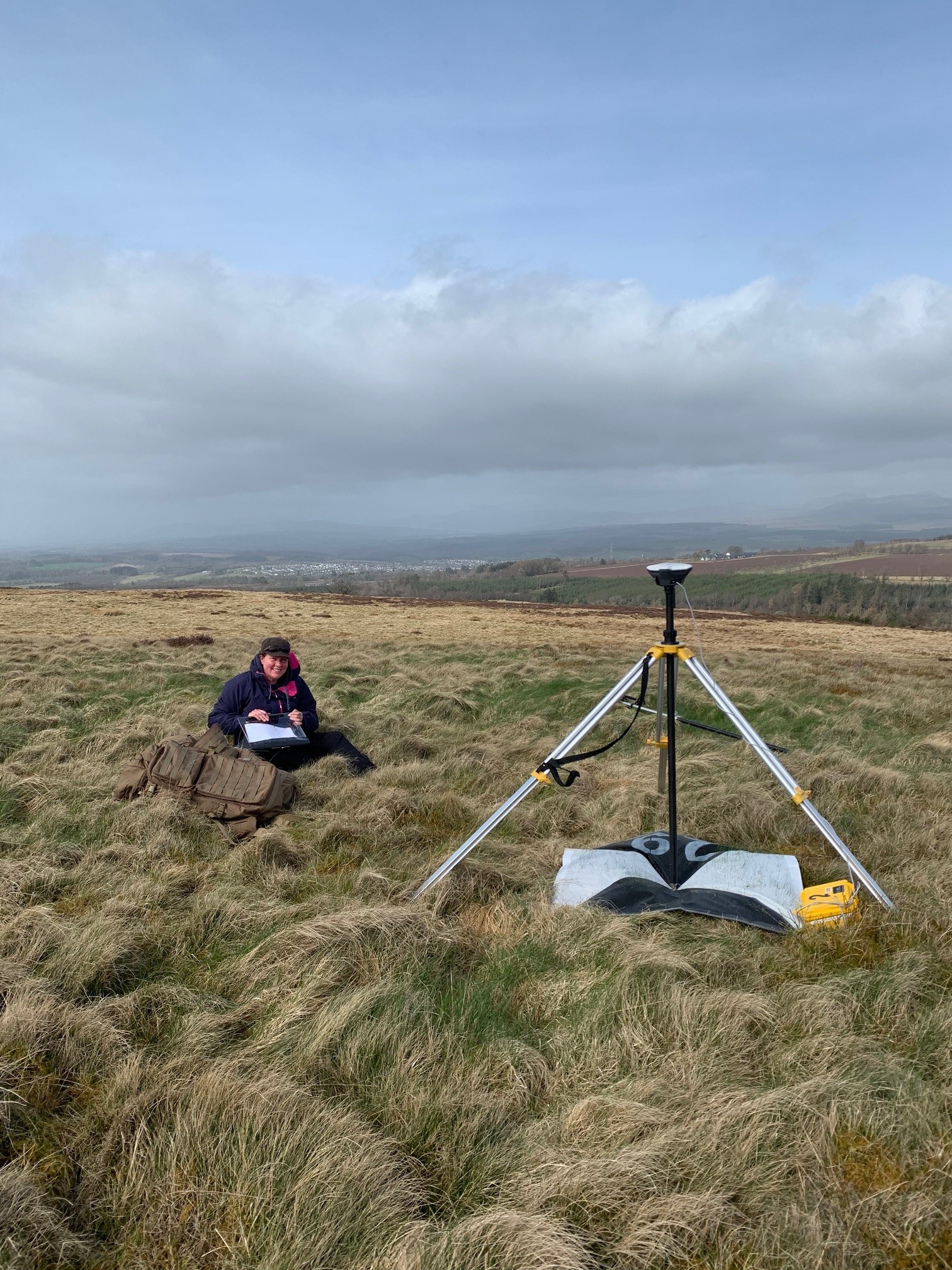 Liz Poulsom working on ground control point survey at Drumbrae