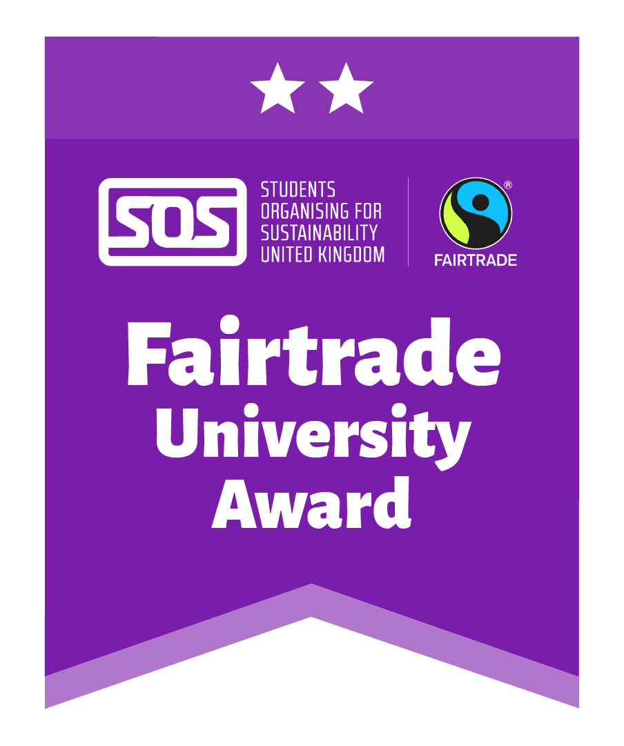 Fairtrade University Award - two stars, SOS logo, Fairtrade logo, NUS logo